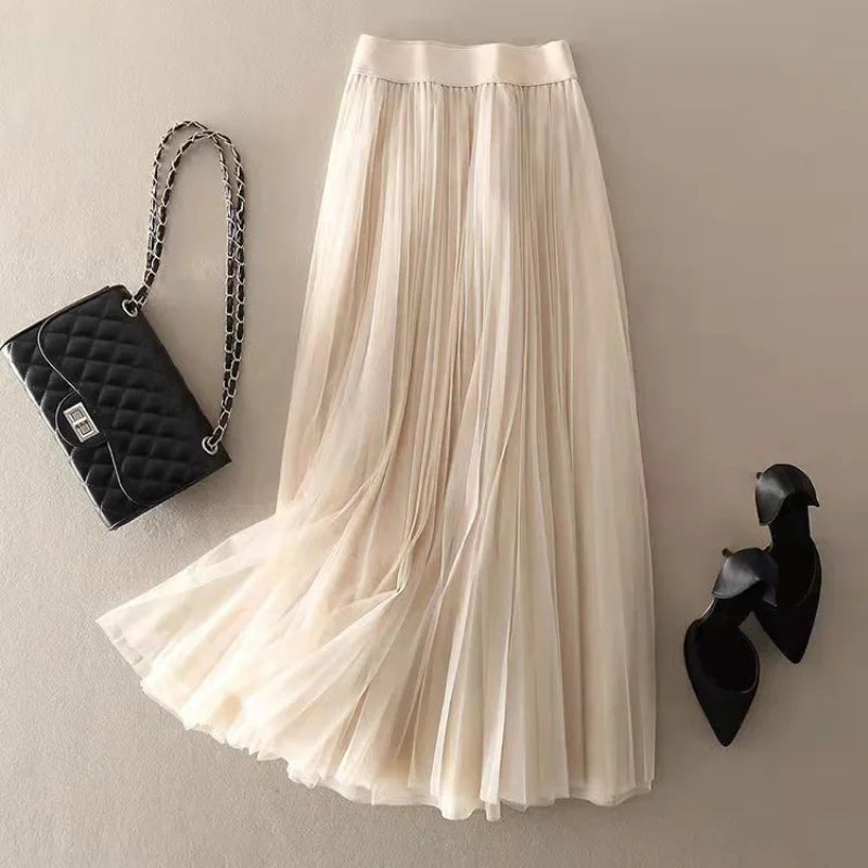 Women's High-Waisted Pleated Midi Skirt with Flowing Silhouette