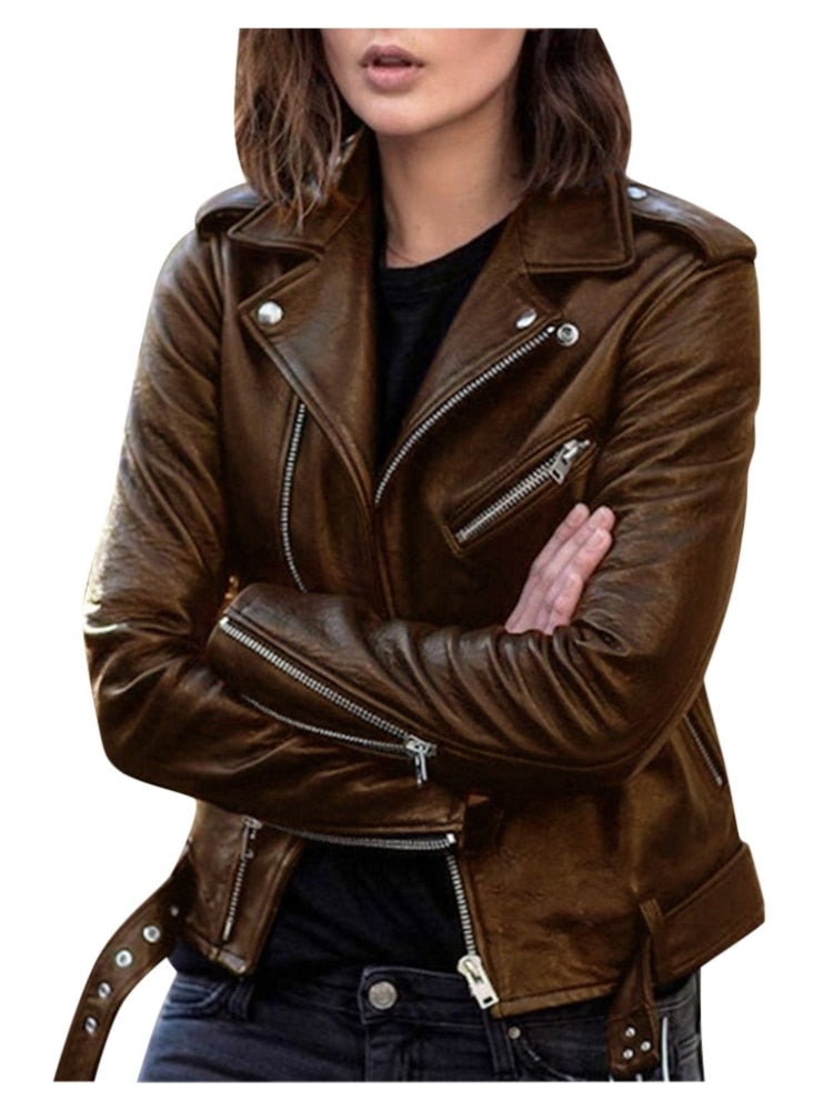 Women’s Biker Leather Jacket with Asymmetric Zip Closure