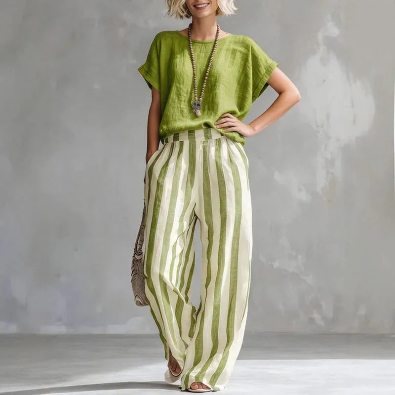 Women's Striped Co-Ord Set with Crew Neck Top and Pants
