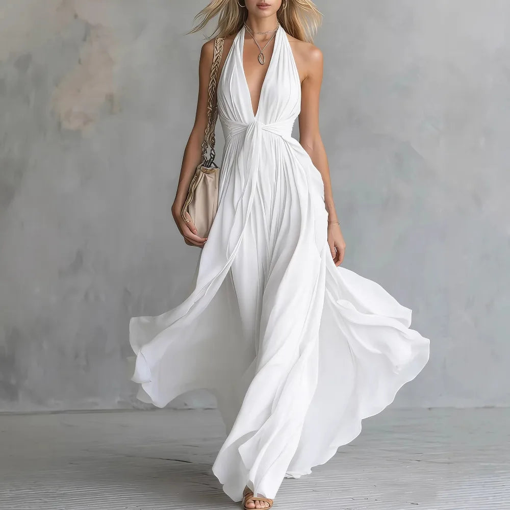 Women's Backless Halter Maxi Dress with Elegant Side Slit