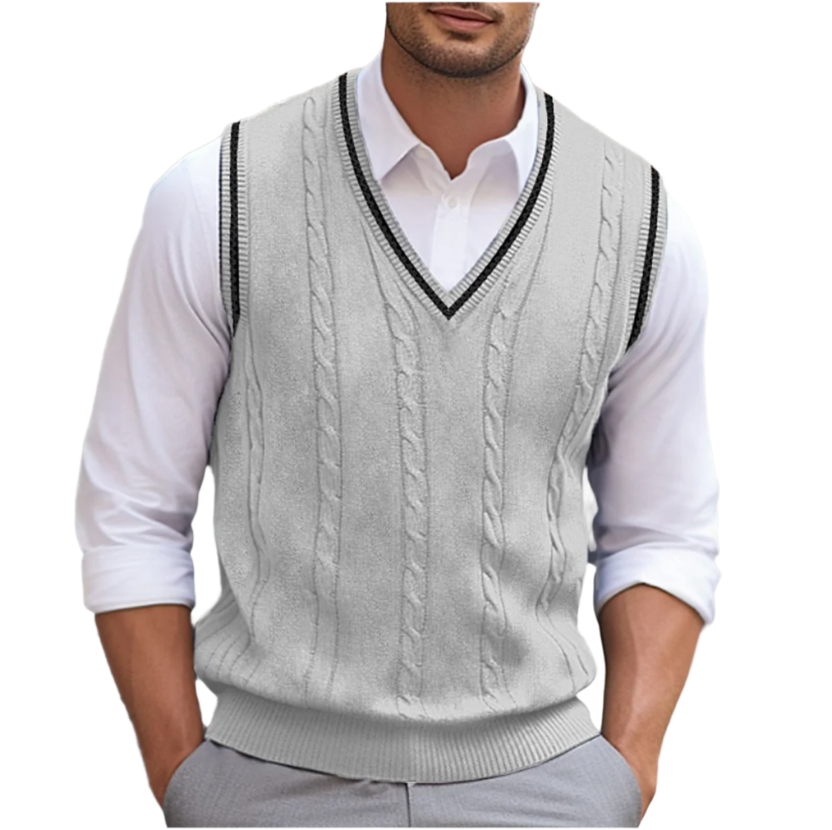 Men’s Cable Knit V-Neck Sweater Vest with Contrast Trim