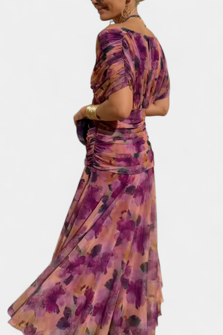 Women's Maxi Dress with Ruched Waist V-Neck