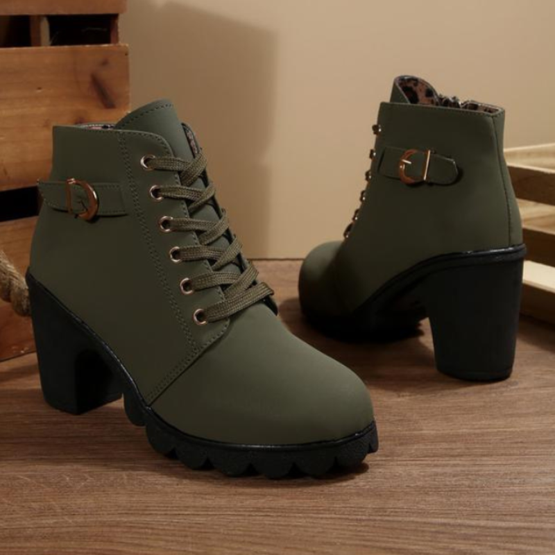 Women's Lace-Up Metal Buckle Chunky Ankle Boots