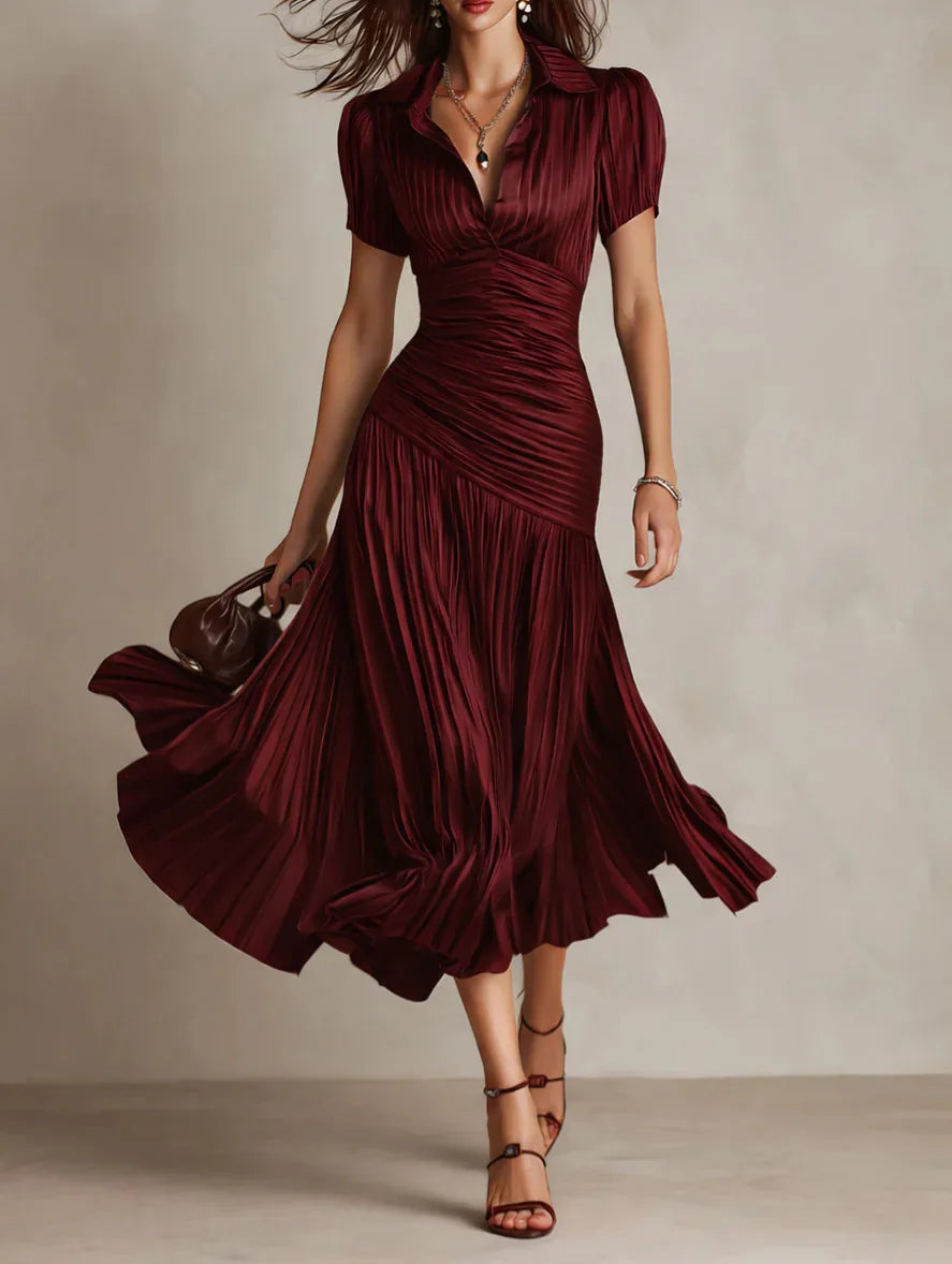 Women's Pleated A-Line Midi Dress with Lapel Collar