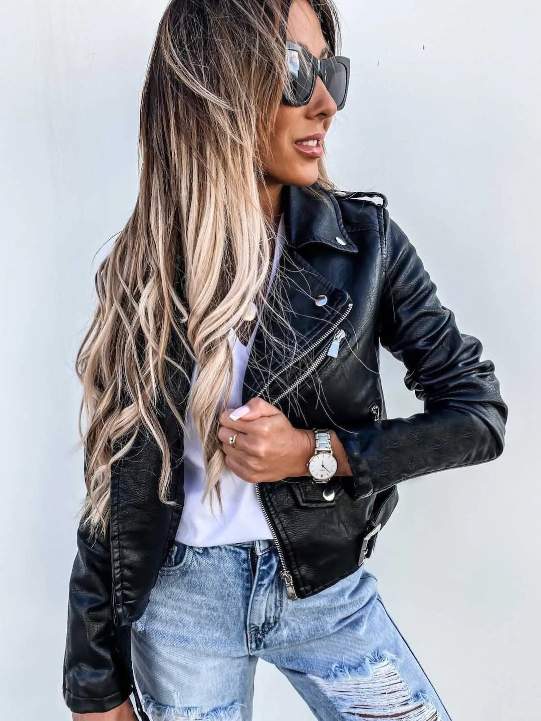 Women's Biker Leather Jacket with Asymmetric Zip