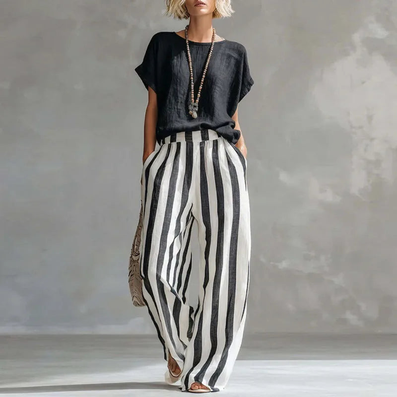 Women's Striped Co-Ord Set with Crew Neck Top and Pants