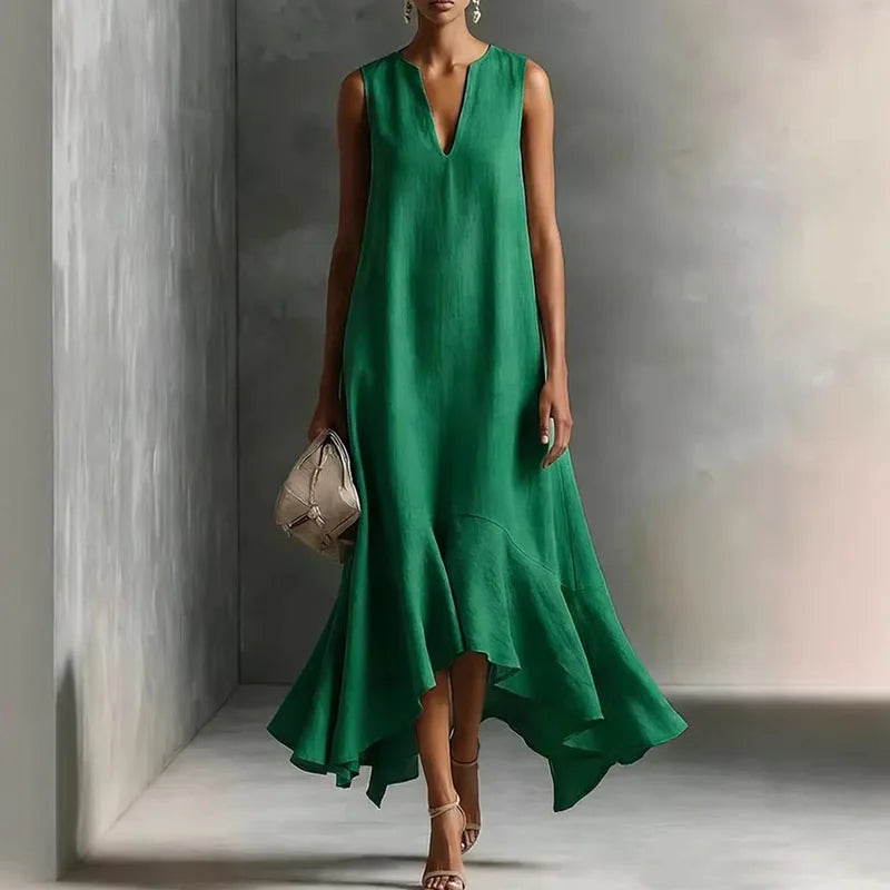 Women's Bohemian Maxi Dress with V-Neck and Ruffle Hem
