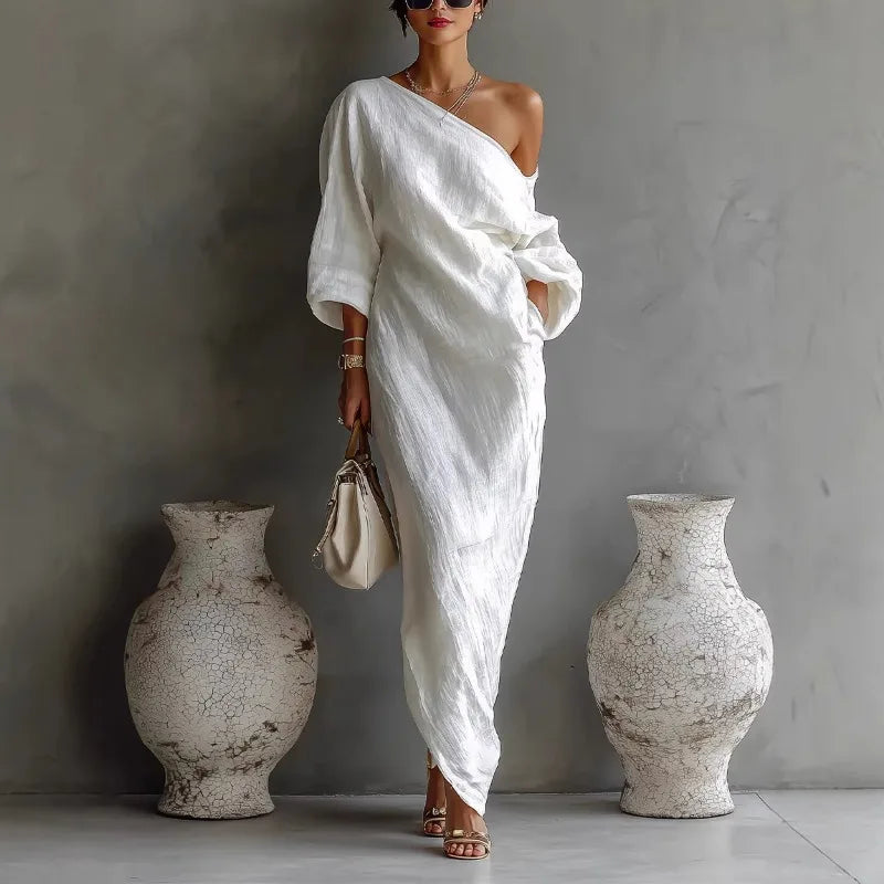 Women's One-Shoulder Maxi Dress with Batwing Sleeves