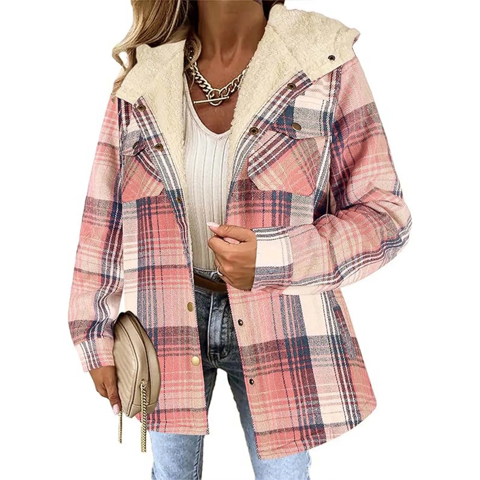 Soft Women's Plaid Button Jacket with Sherpa Lining