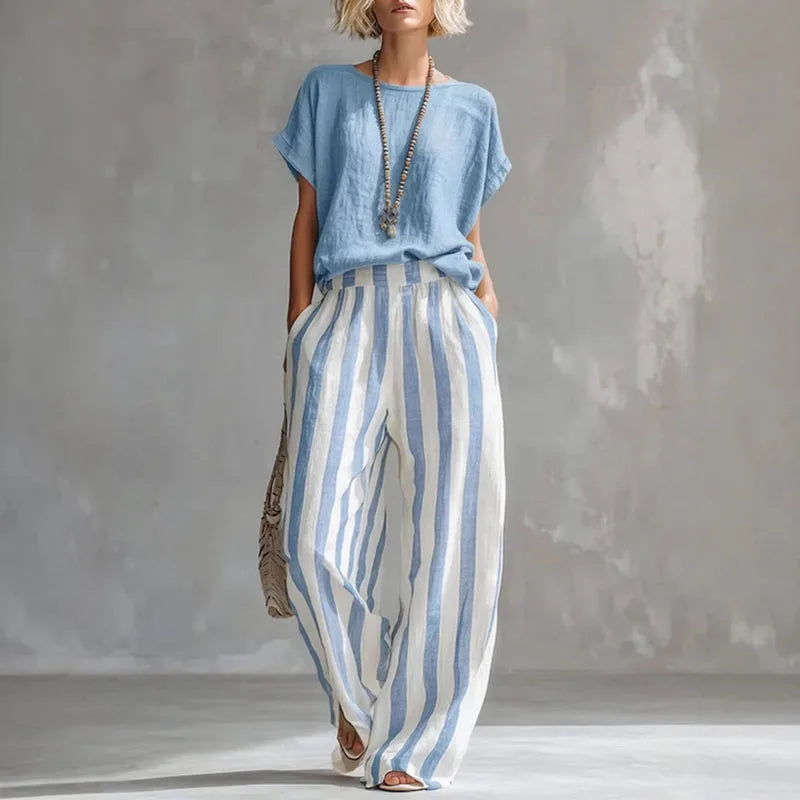 Women's Striped Co-Ord Set with Crew Neck Top and Pants