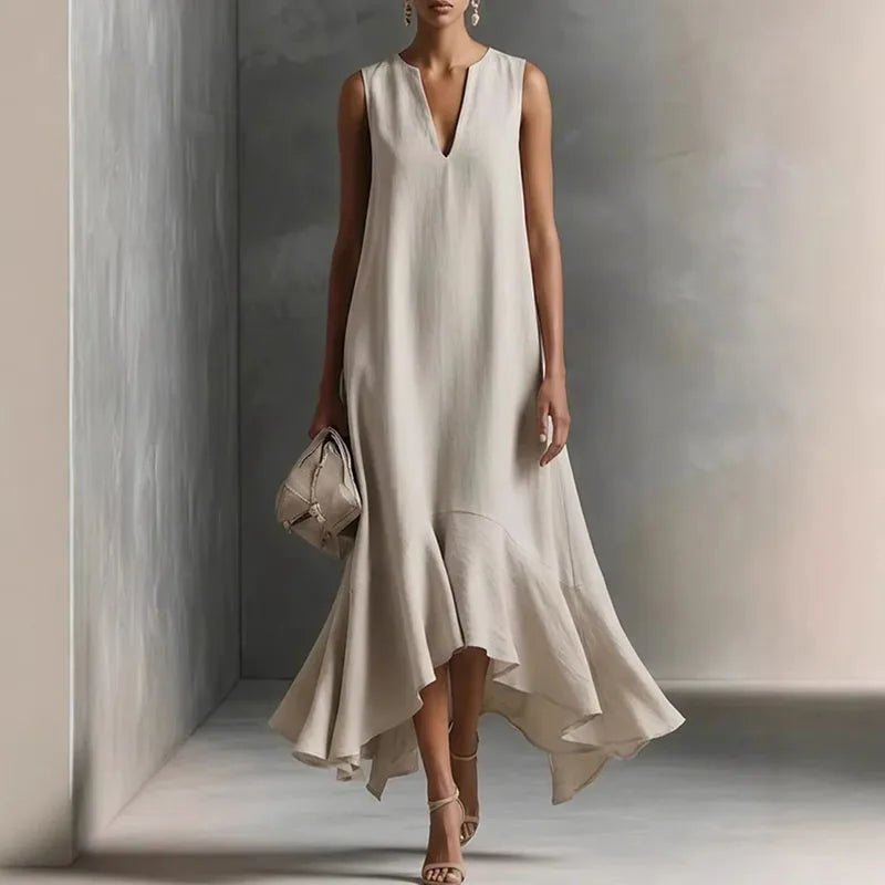 Women's Bohemian Maxi Dress with V-Neck and Ruffle Hem