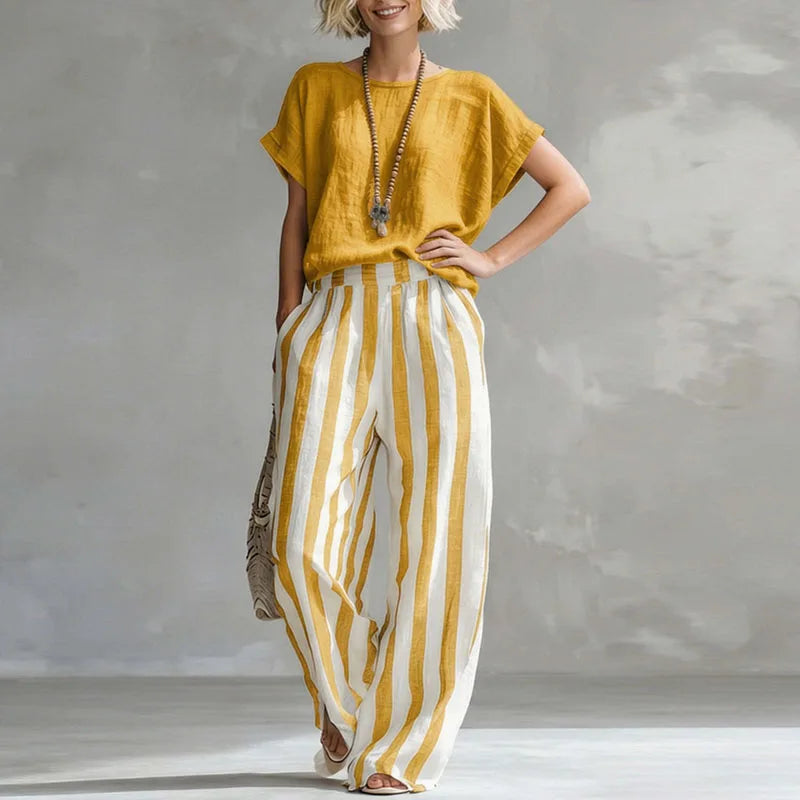 Women's Striped Co-Ord Set with Crew Neck Top and Pants