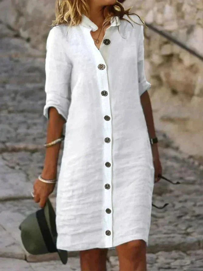 Women's Classic Collared Button-Down Shirt Dress with Relaxed Fit