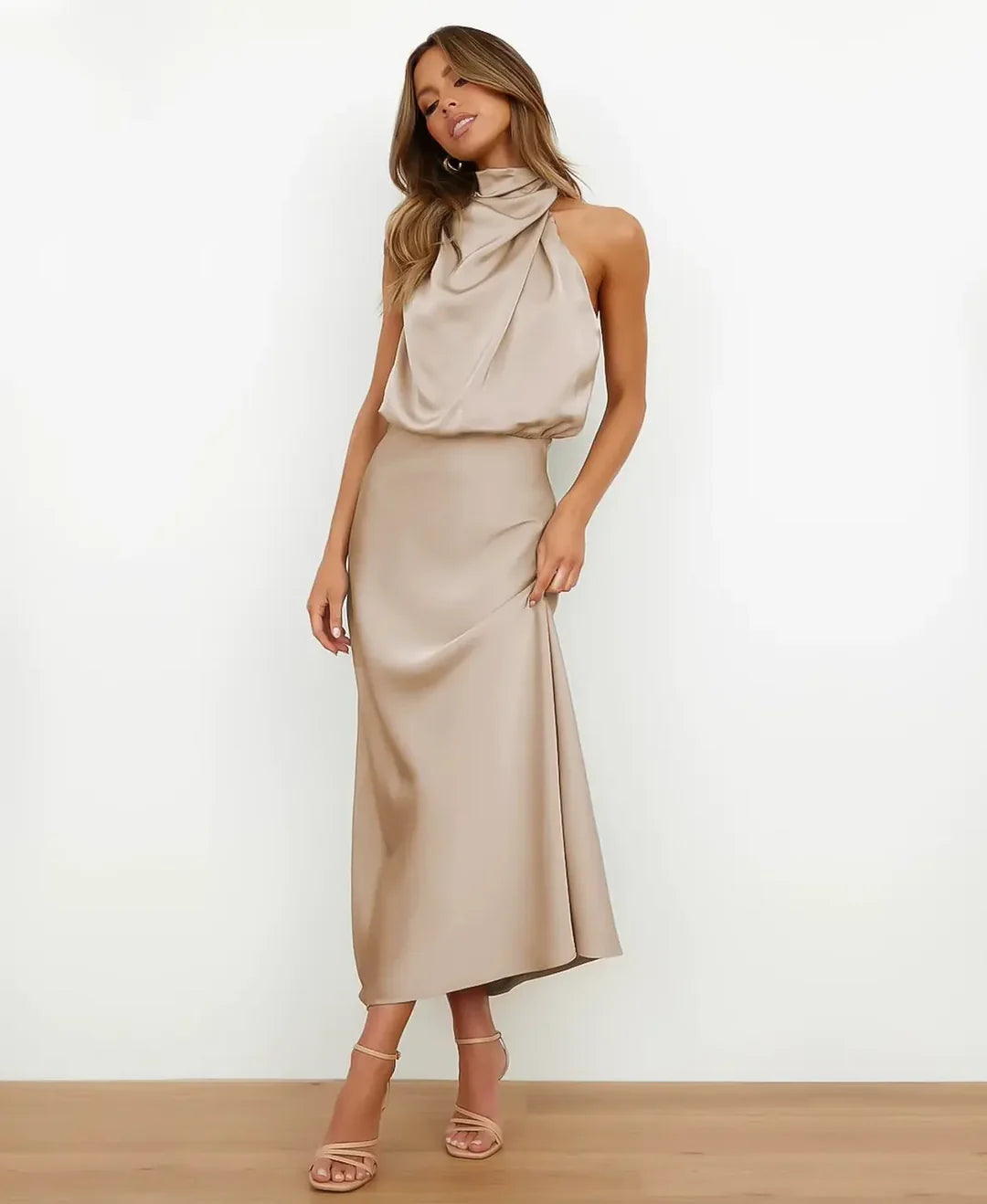 Women's Elegant Sleeveless Mock Neck Satin Midi Dress