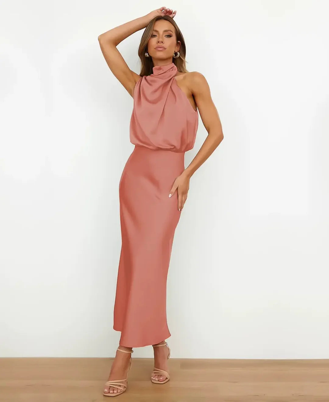 Women's Elegant Sleeveless Mock Neck Satin Midi Dress