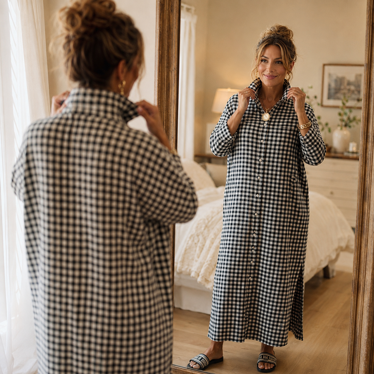 Women's Gingham Button-Front Maxi Dress