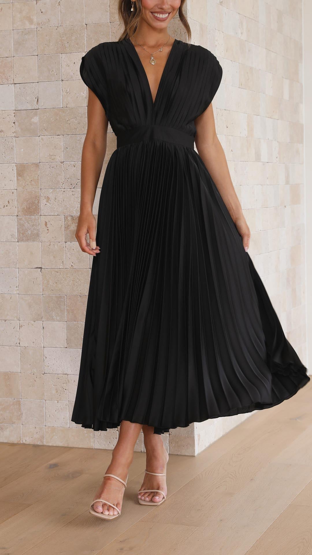 Pleated V-Neck Midi Dress Elegant Flow