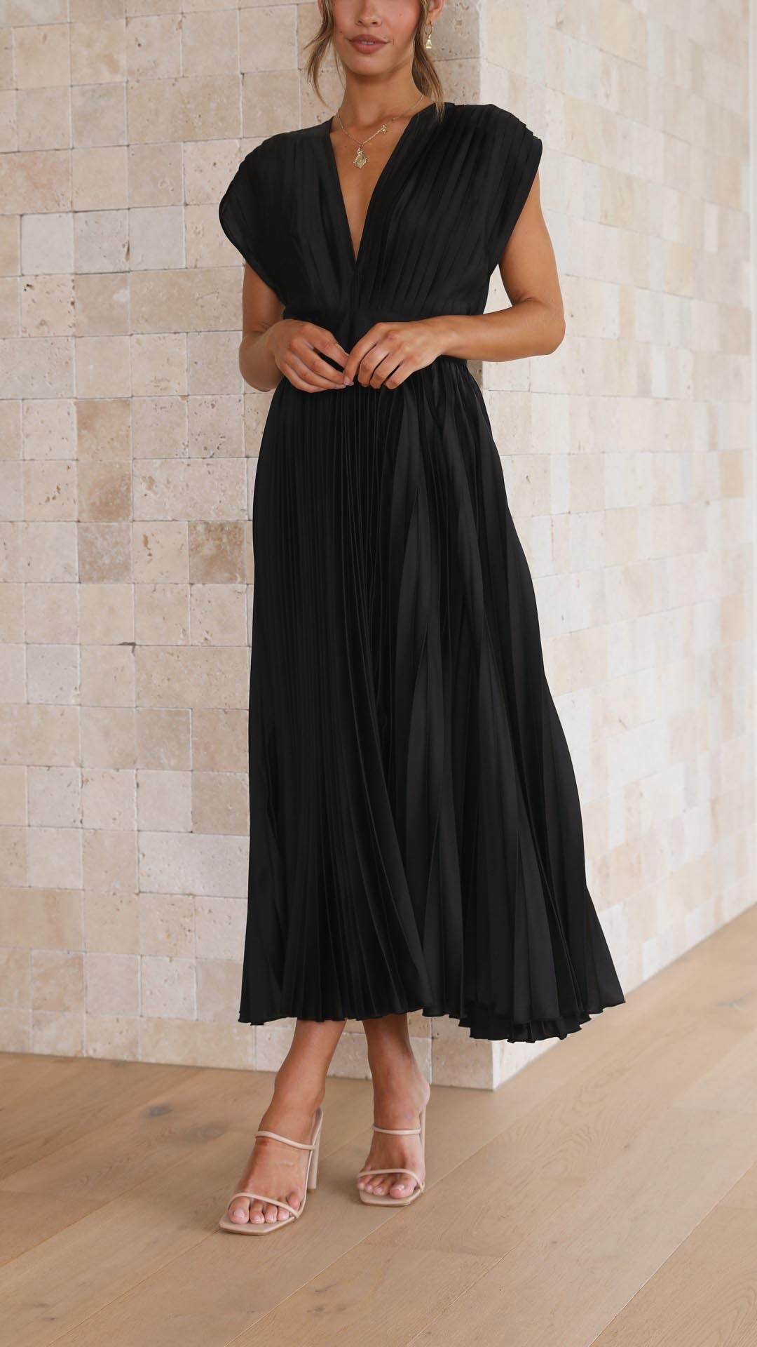 Pleated V-Neck Midi Dress Elegant Flow