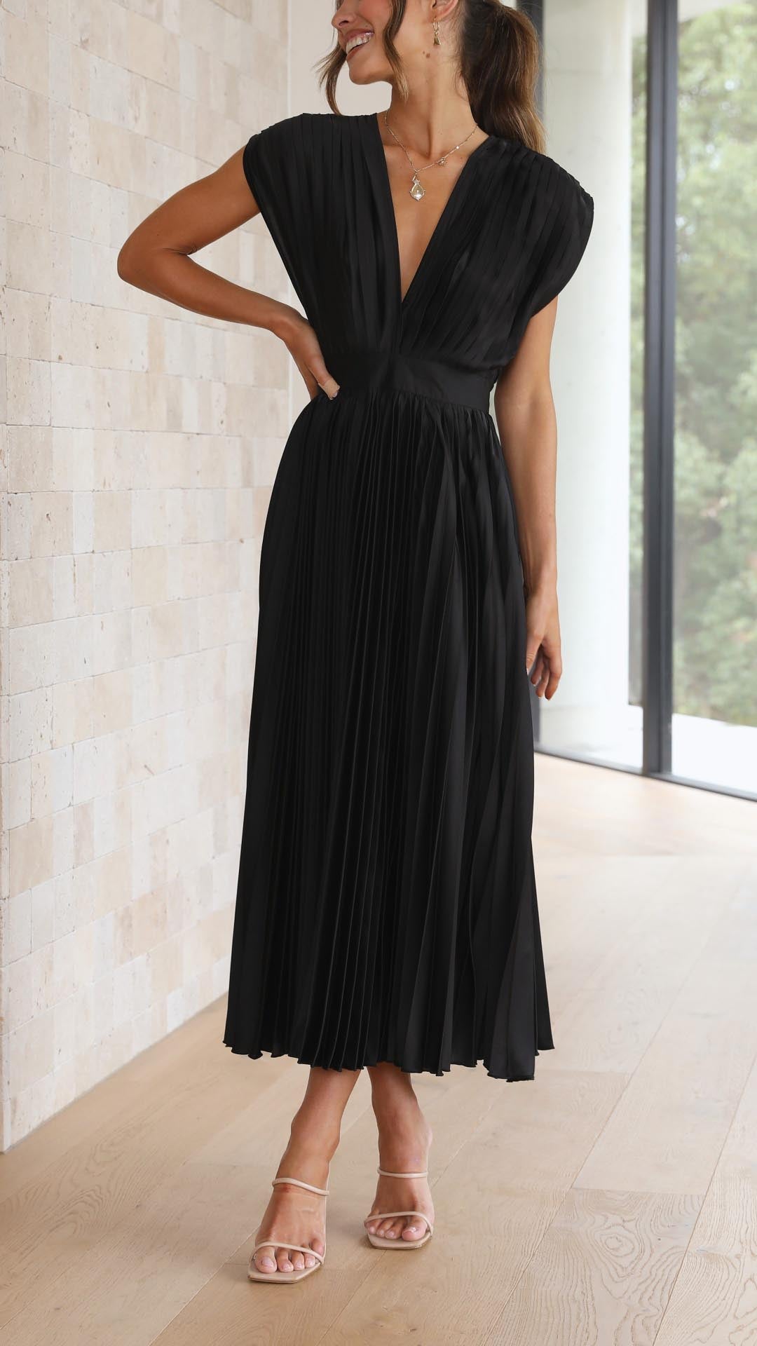 Pleated V-Neck Midi Dress Elegant Flow