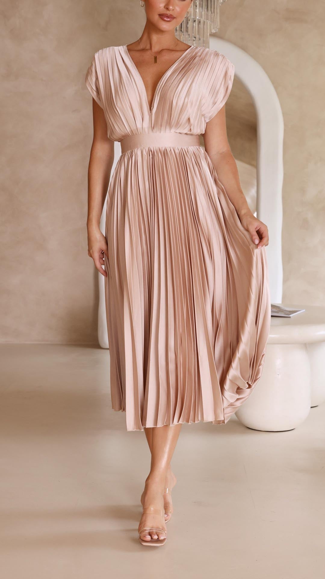 Pleated V-Neck Midi Dress Elegant Flow
