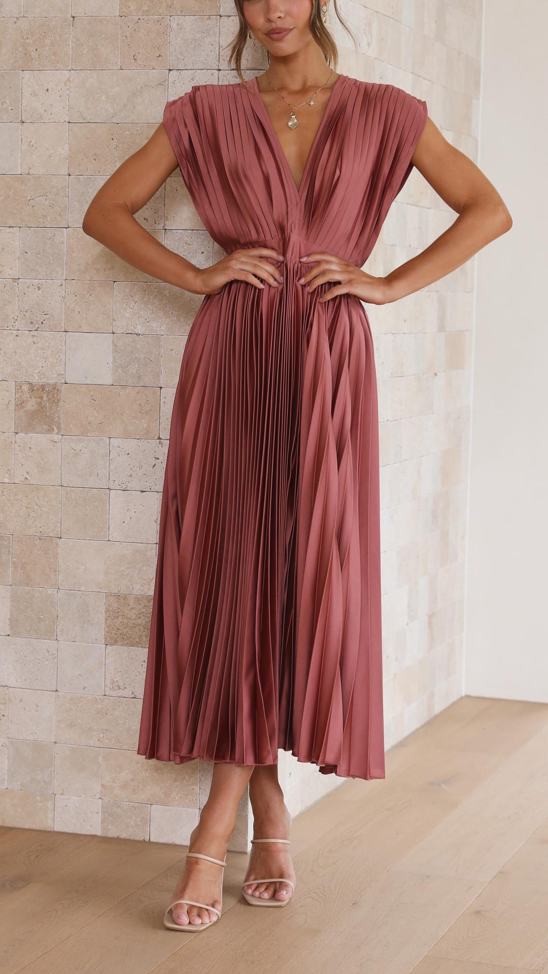 Pleated V-Neck Midi Dress Elegant Flow