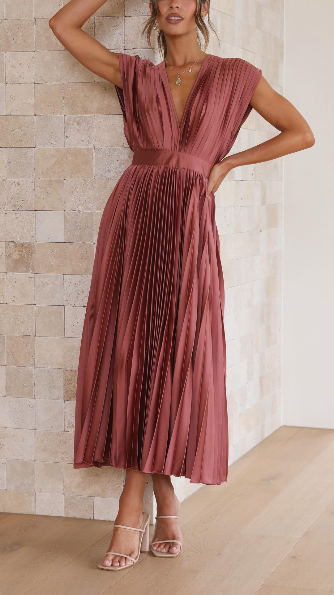 Pleated V-Neck Midi Dress Elegant Flow