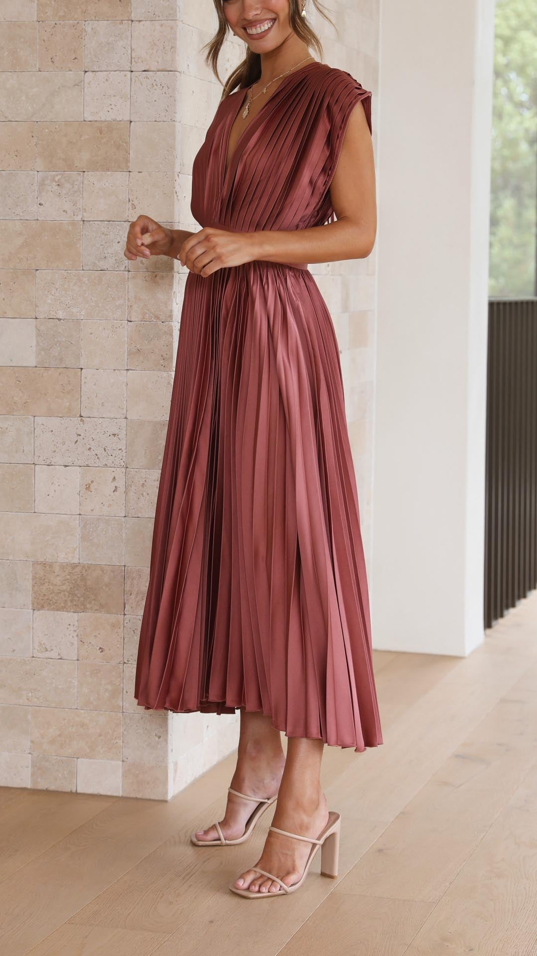 Pleated V-Neck Midi Dress Elegant Flow
