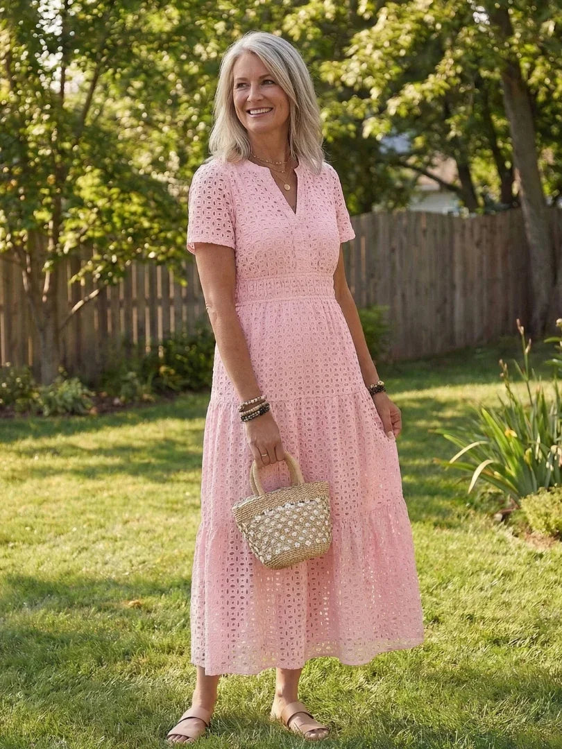 Women's Eyelet V-Neck Short Sleeve Midi Dress