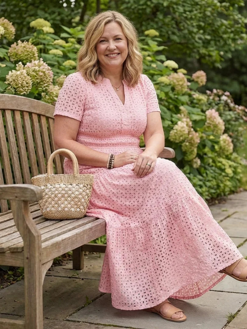 Women's Eyelet V-Neck Short Sleeve Midi Dress
