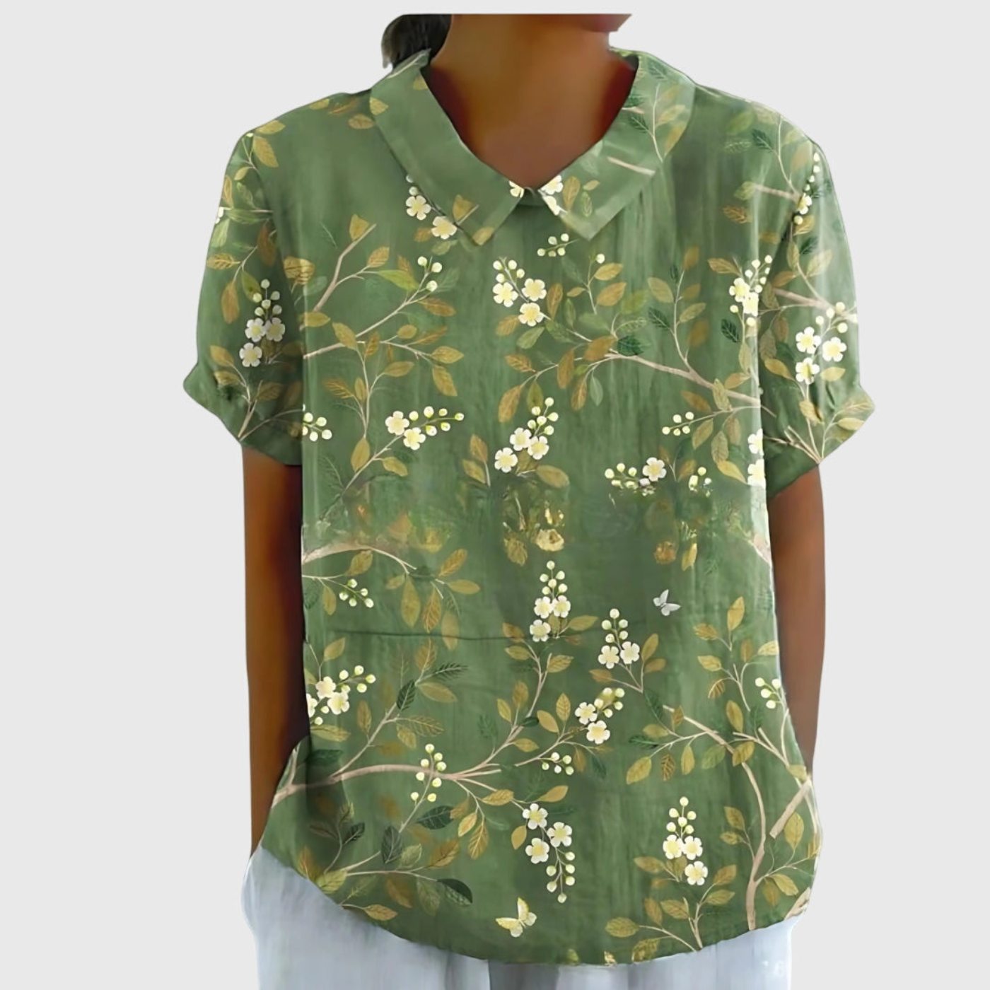 Women’s Vintage Floral Collared Blouse with Botanical Charm Print