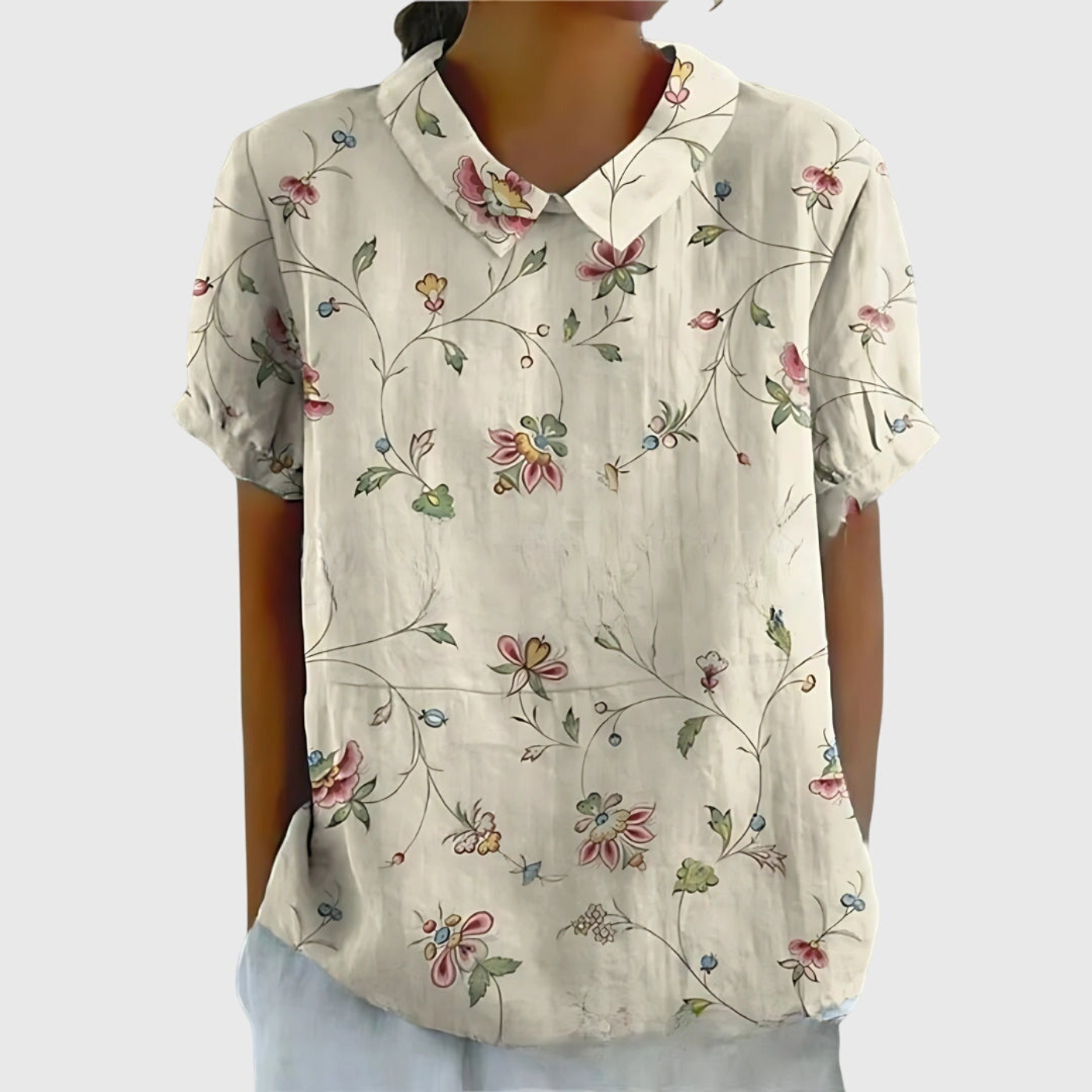 Women’s Vintage Floral Collared Blouse with Botanical Charm Print