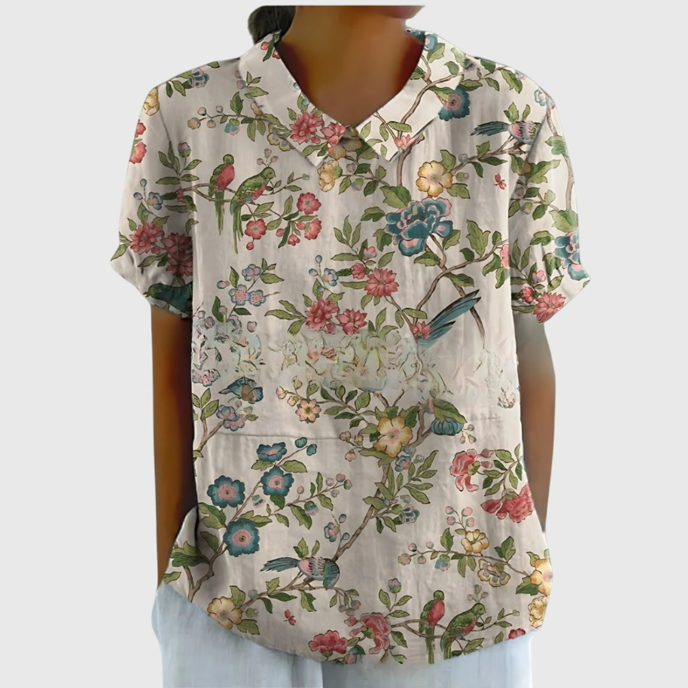 Women’s Vintage Floral Collared Blouse with Botanical Charm Print