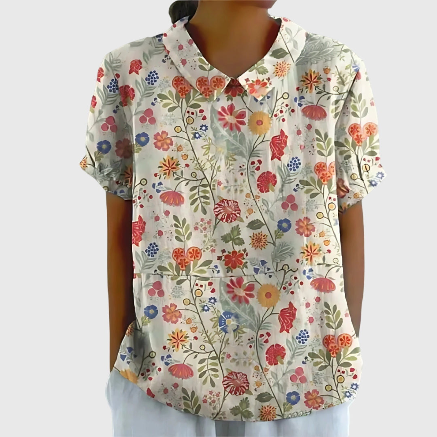 Women’s Vintage Floral Collared Blouse with Botanical Charm Print