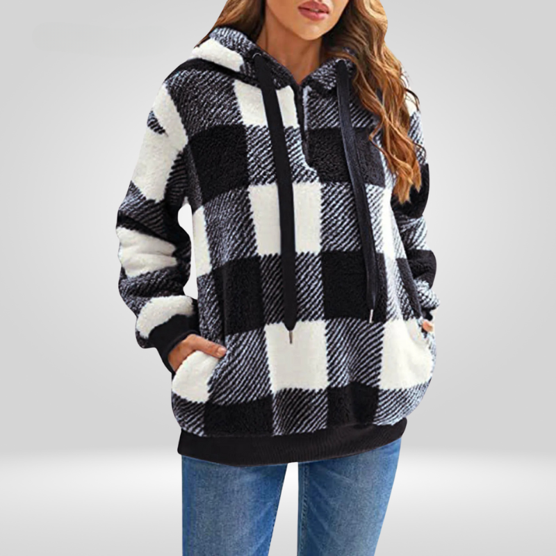 Stylish Women's Hoodie with Half Zip and Check Pattern