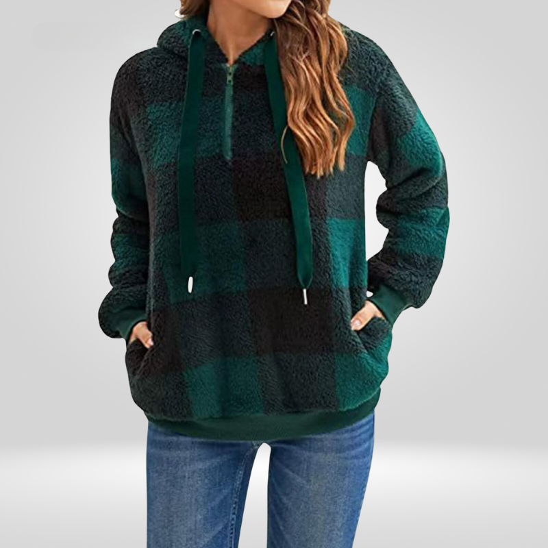 Stylish Women's Hoodie with Half Zip and Check Pattern