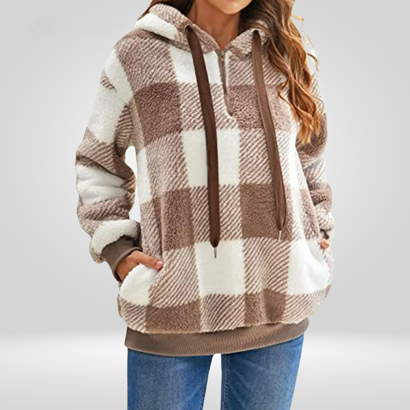 Stylish Women's Hoodie with Half Zip and Check Pattern
