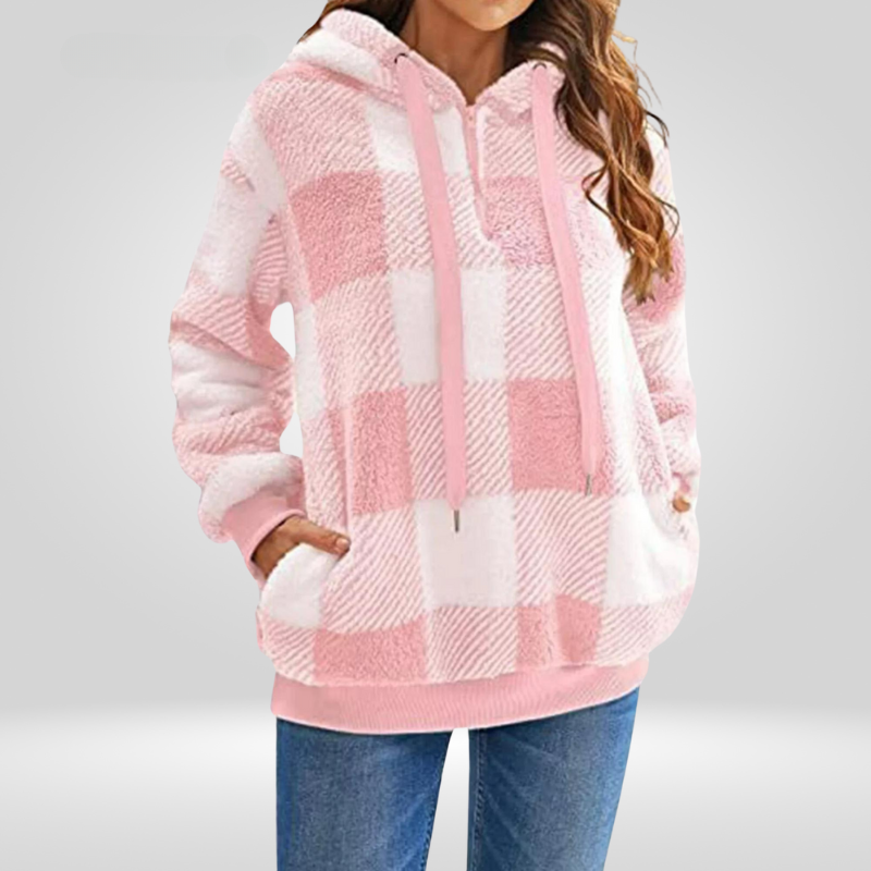 Stylish Women's Hoodie with Half Zip and Check Pattern