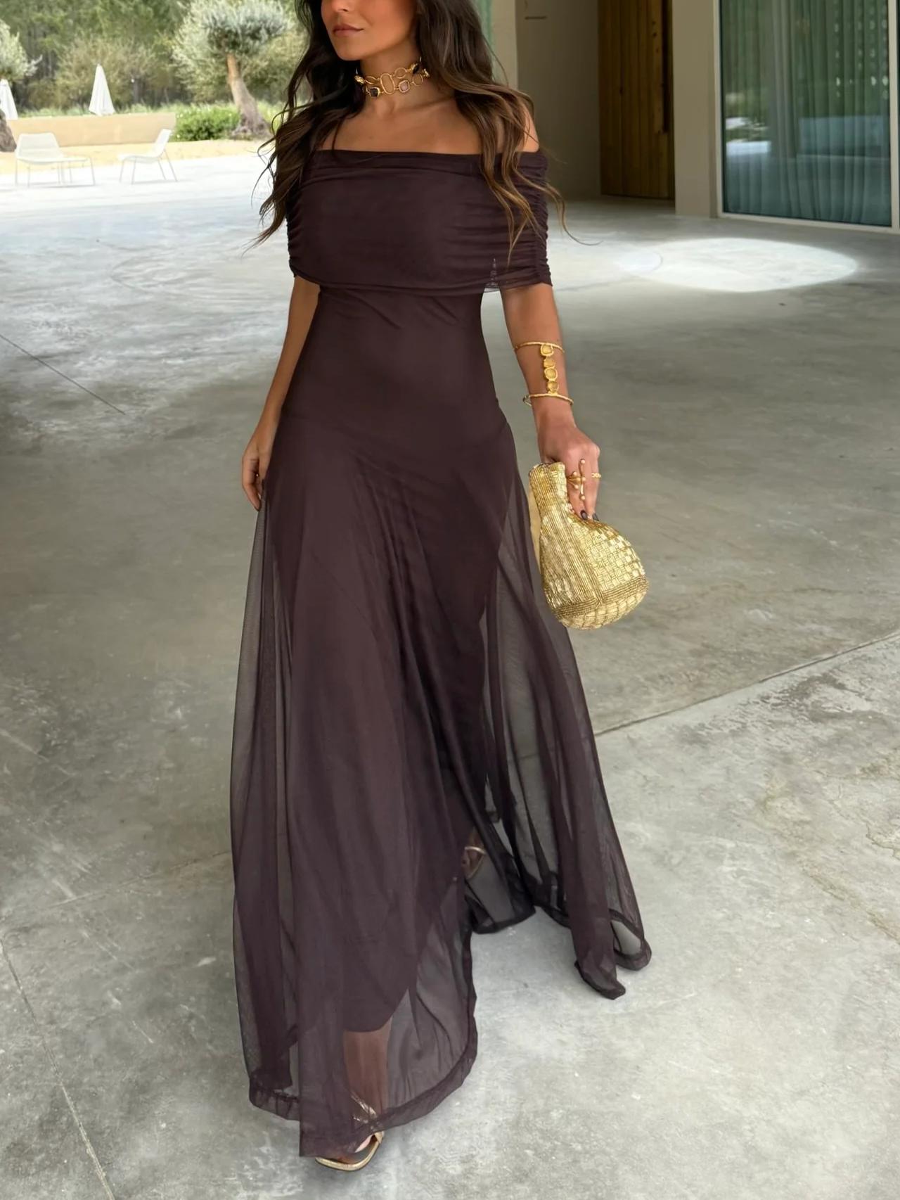 Women's Draped Bardot Maxi Dress with Elegant Floor-Length Silhouette