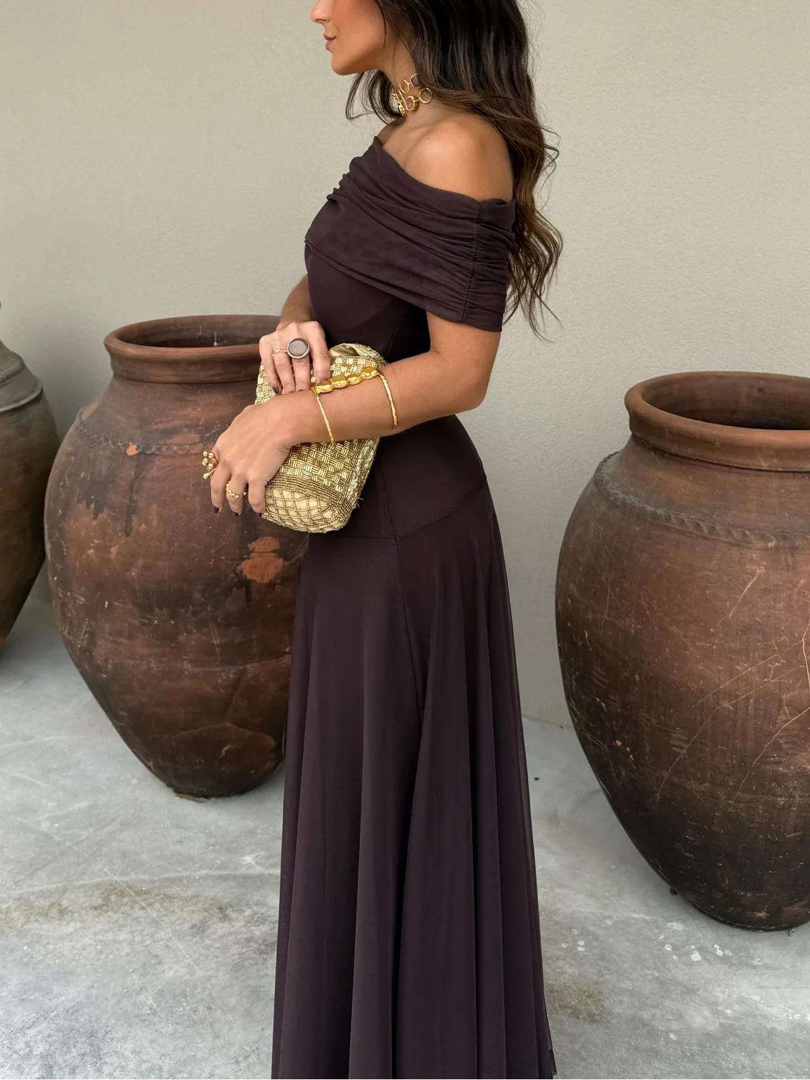 Women's Draped Bardot Maxi Dress with Elegant Floor-Length Silhouette