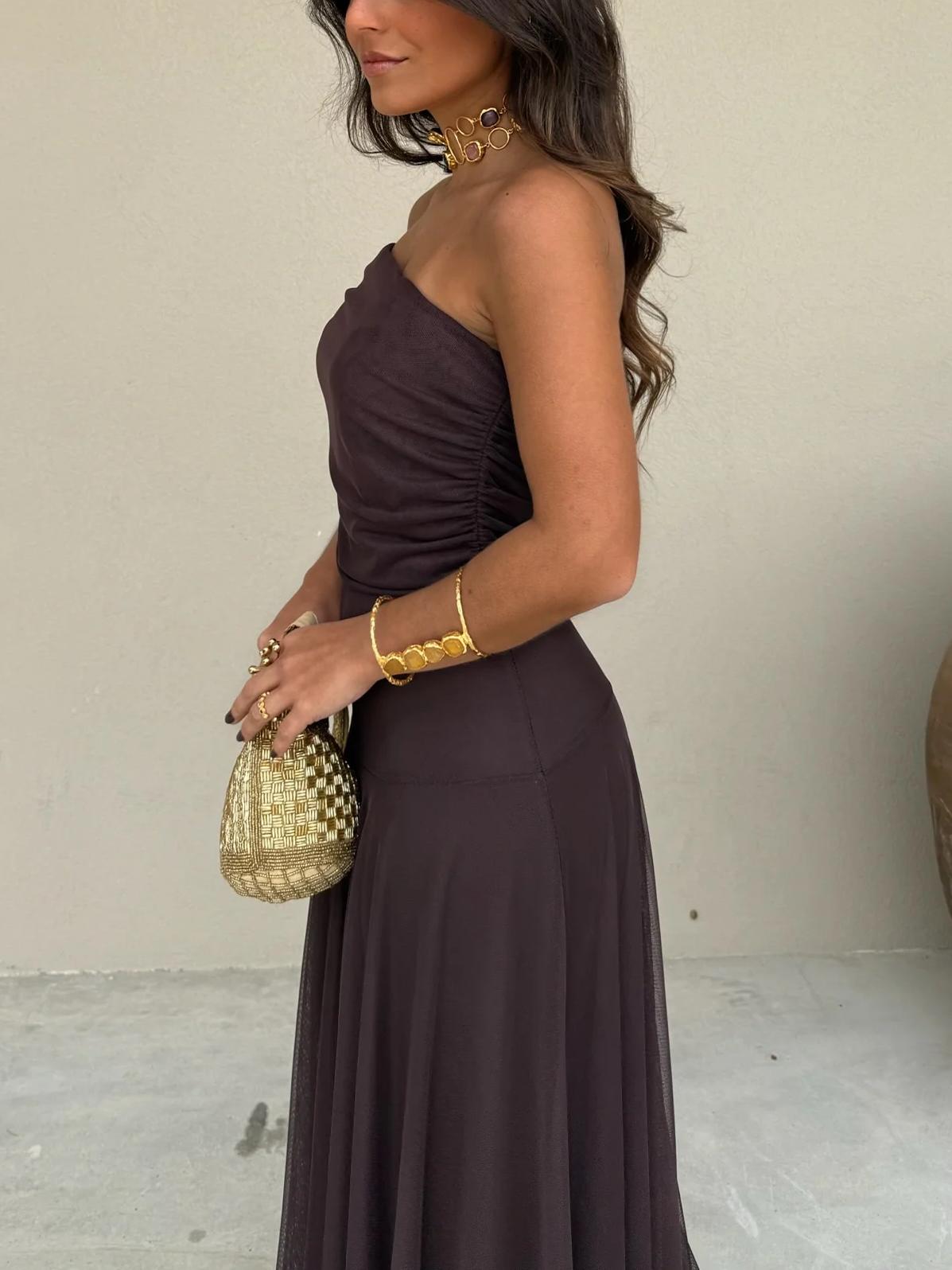 Women's Draped Bardot Maxi Dress with Elegant Floor-Length Silhouette