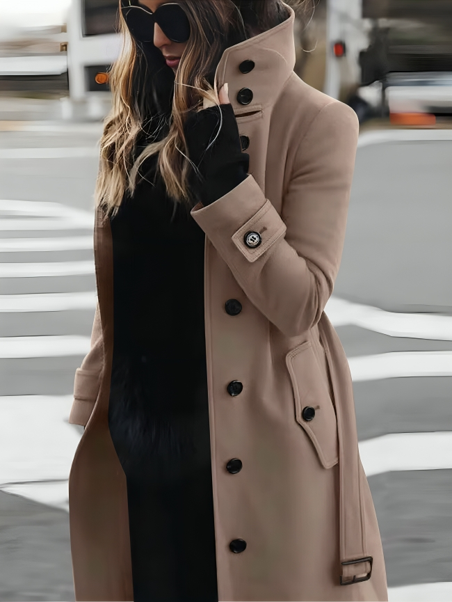 Stylish Long Women's Coat with High Collar and Elegant Bow Belt