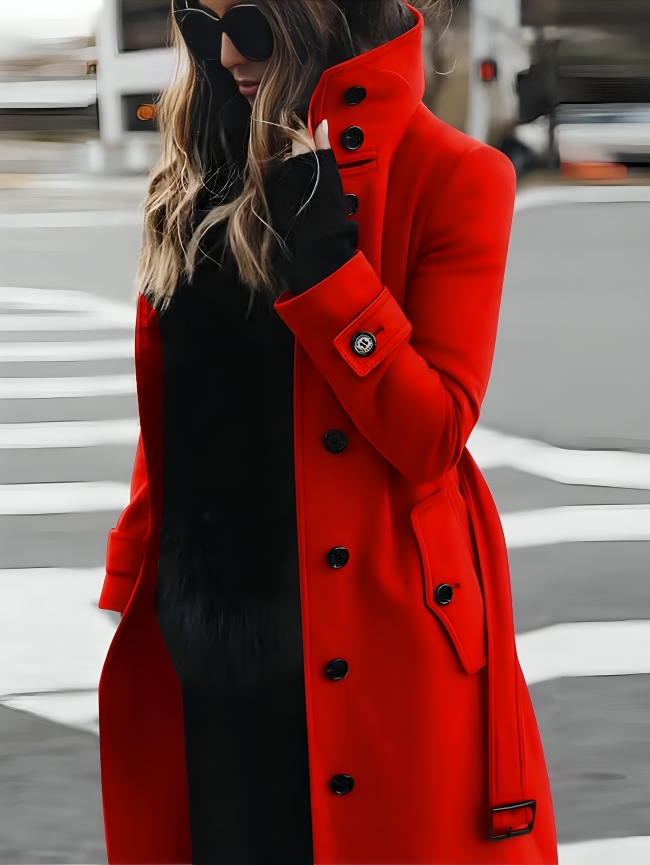 Stylish Long Women's Coat with High Collar and Elegant Bow Belt