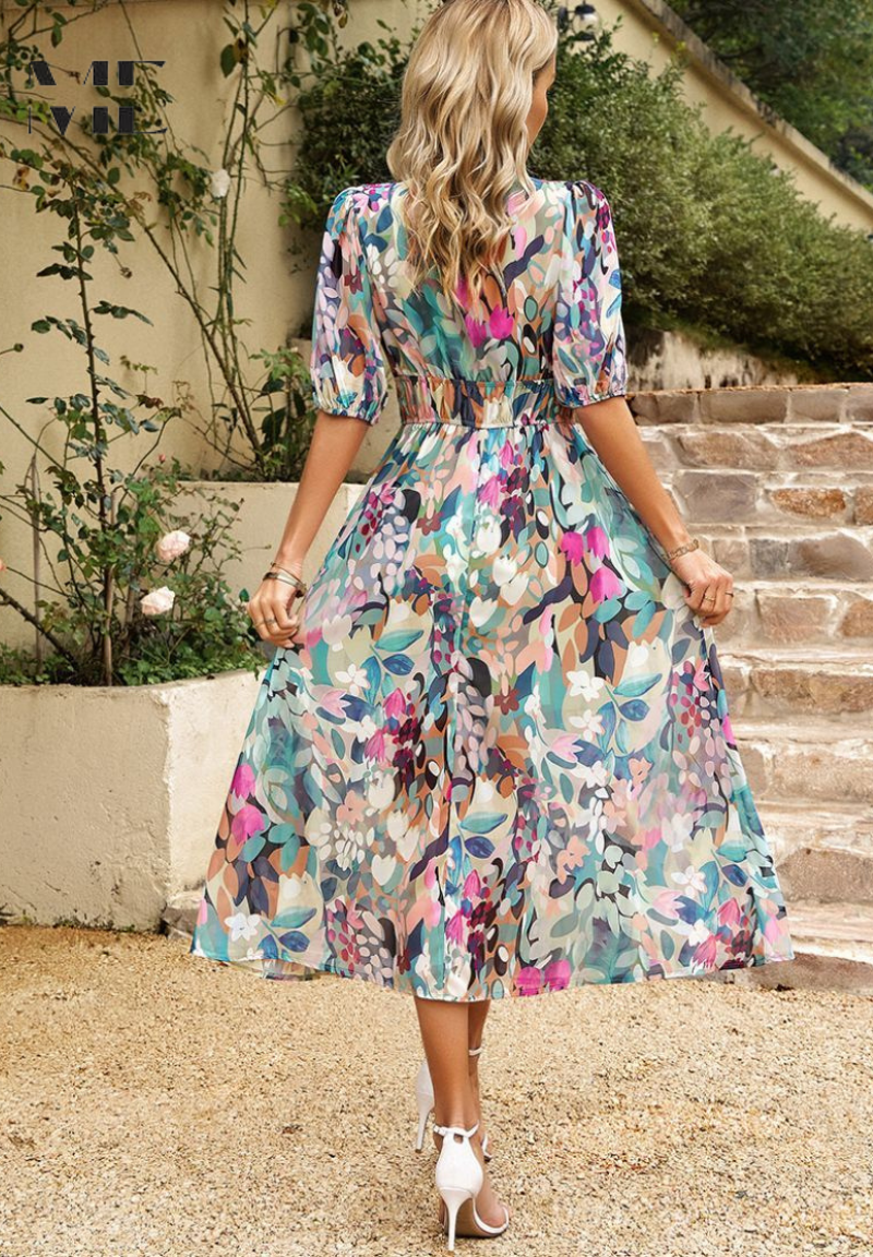 Floral V-Neck Midi Dress with Flowy Silhouette