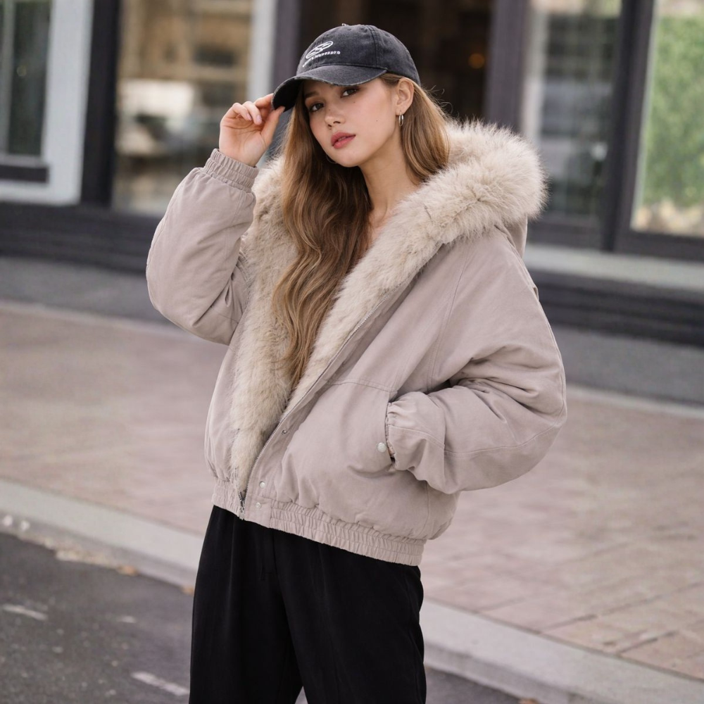 Women's Faux Fur Hooded Bomber Winter Jacket