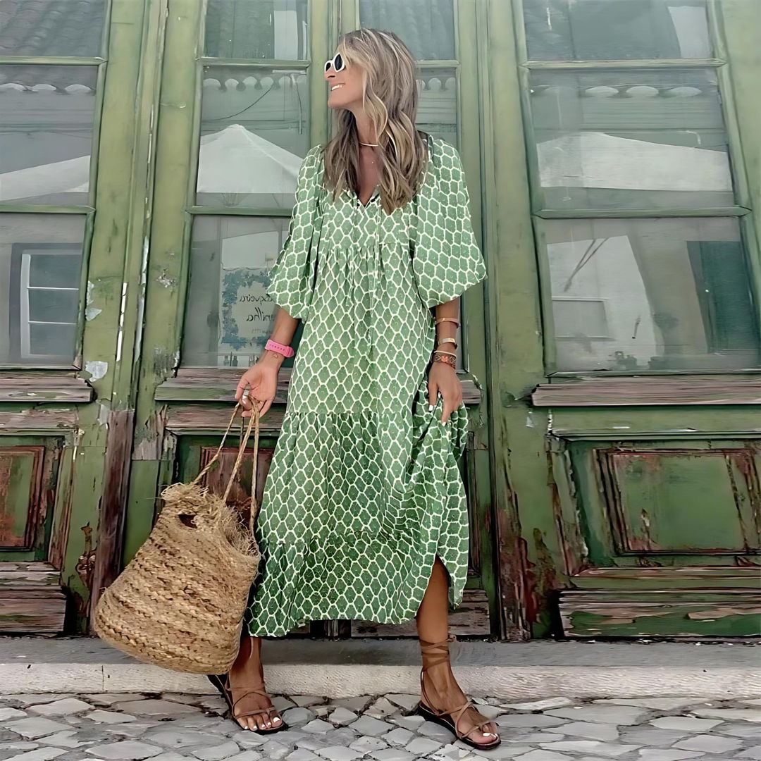Geometric Print Maxi Dress Women Loose Boho Style