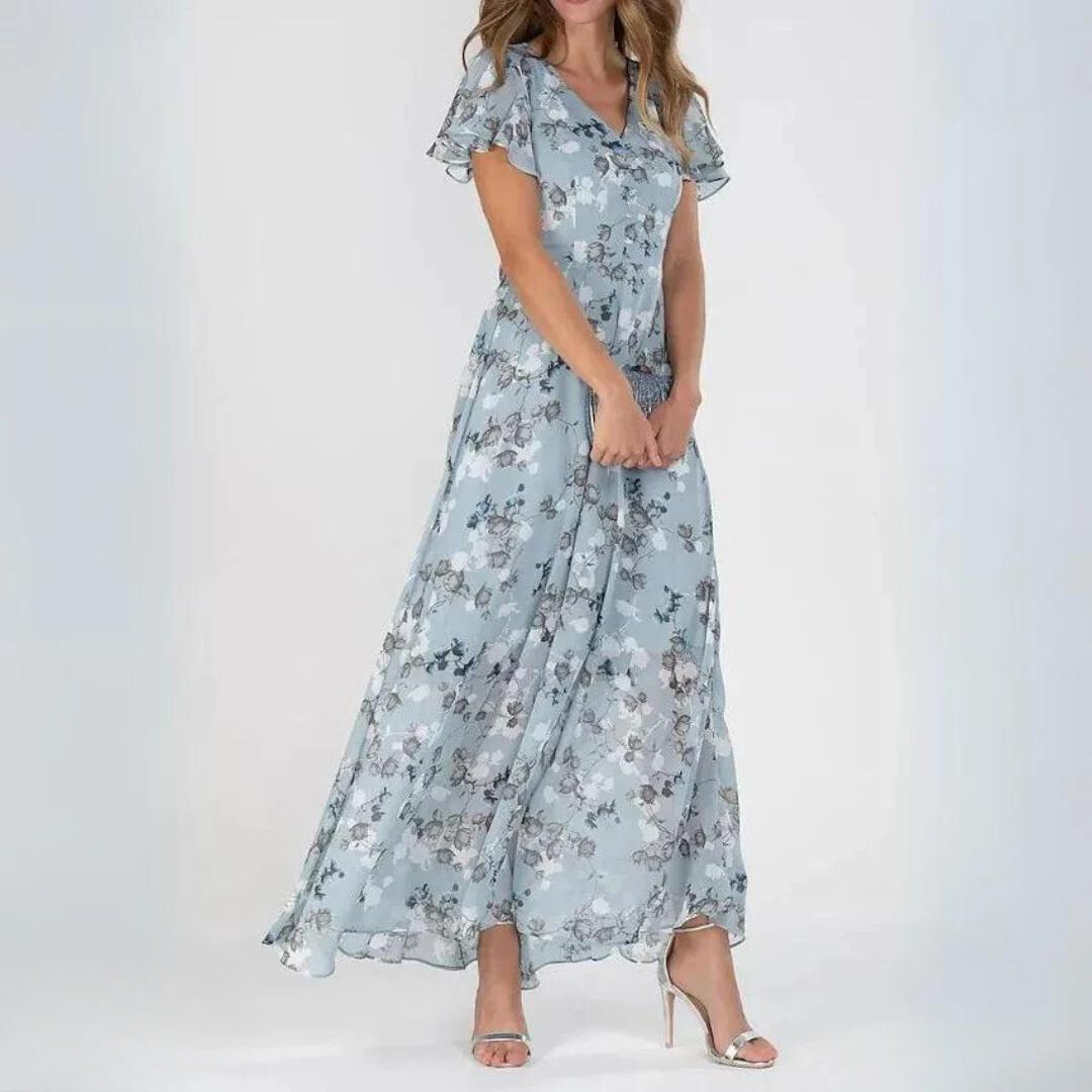 Women’s Floral Maxi Dress with Flutter Sleeves and Flowing A-Line Silhouette