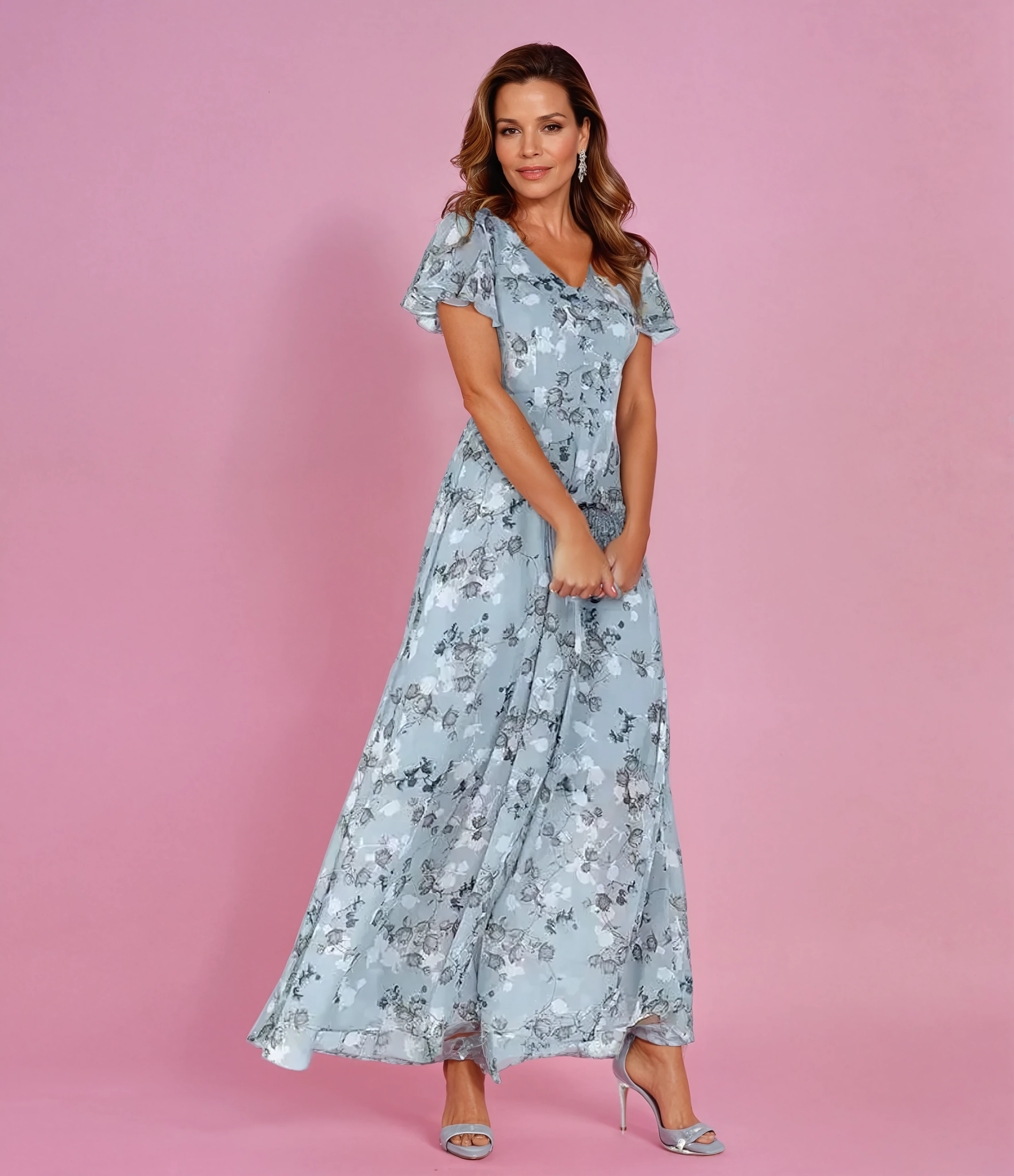 Women’s Floral Maxi Dress with Flutter Sleeves and Flowing A-Line Silhouette