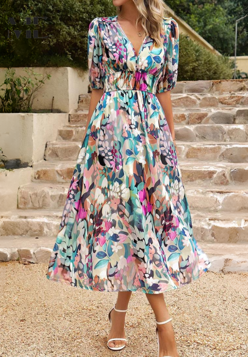 Floral V-Neck Midi Dress with Flowy Silhouette