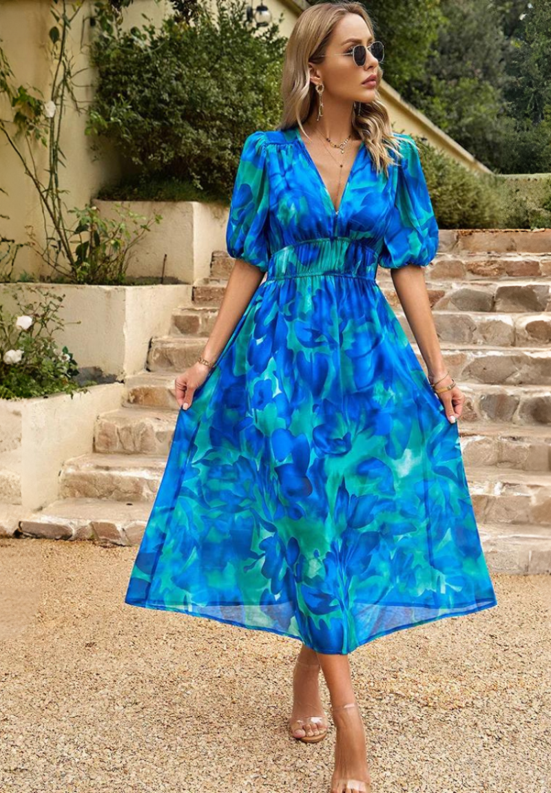 Floral V-Neck Midi Dress with Flowy Silhouette