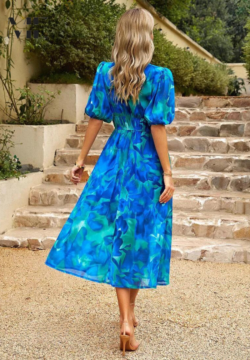 Floral V-Neck Midi Dress with Flowy Silhouette